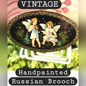 VTG CHERUBS Hand Painted Floral ANGELS Russian Black Lacquer BROOCH Pin 1998